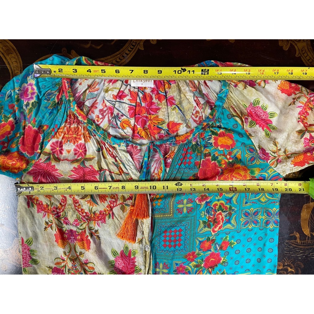 Lula Soul Floral Patchwork Tassel Bell Sleeve Button Up Peasant Top Boho Chic S - Picture 6 of 14